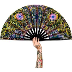 UV Glow Rave Fan, Bamboo Folding Clack Hand Fans Foldable for Men Women, Poping Fan for EDM Festival Line Dance Decoration, (Space Psychedelic, Large 13")