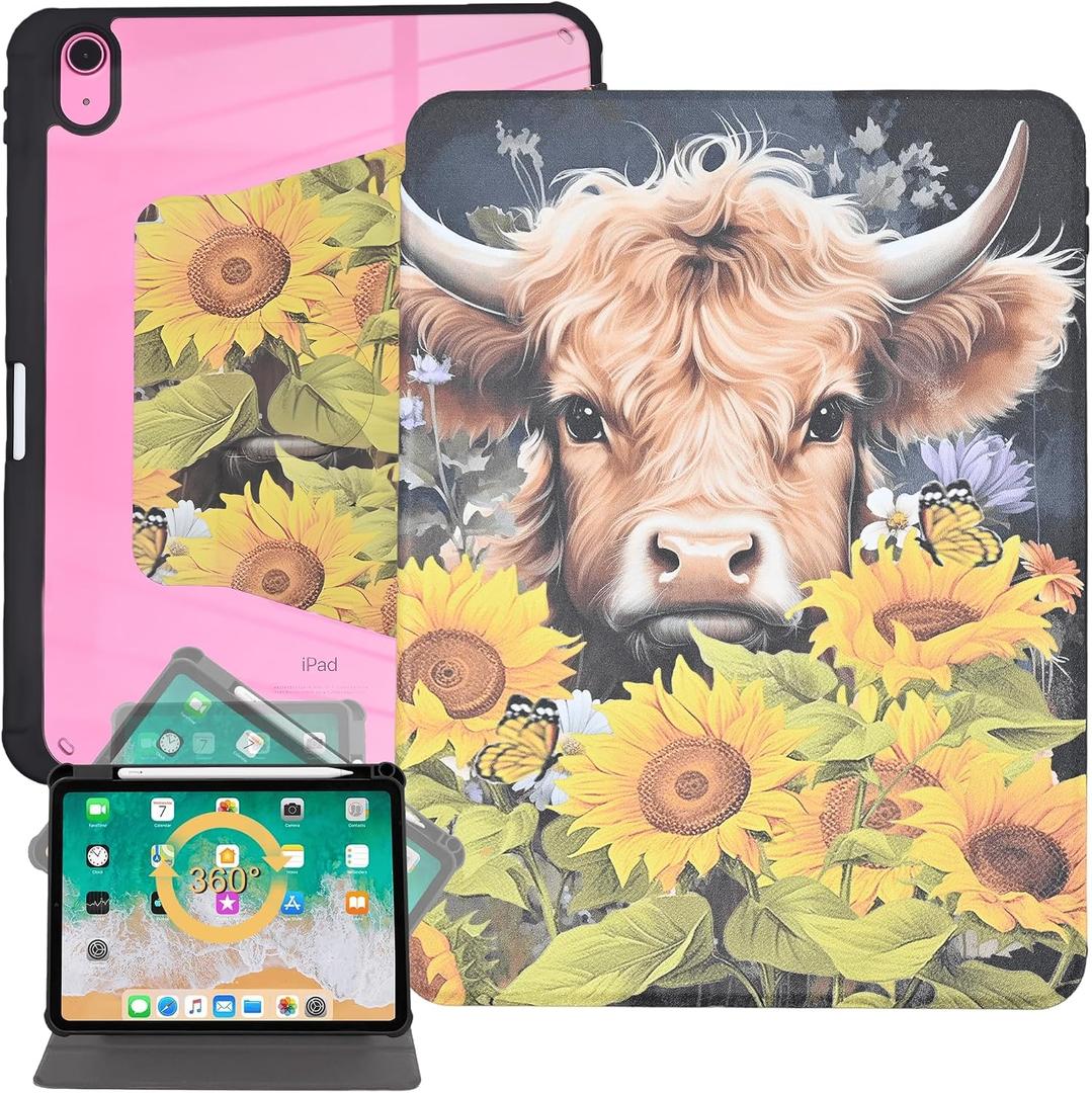 Rotating Case for iPad (A16) 11th/10th Generation 10.9'' inch 2025/2022, [Built-in Pencil Holder] PU Leather Folio Stand TPU Cover with Auto Wake/Sleep, Highland Cow with Flower