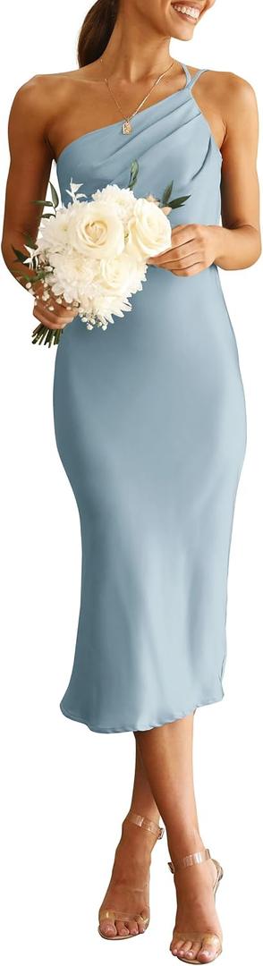 PRETTYGARDEN Women's Midi Satin Dress One Shoulder Spaghetti Strap Backless Ruched Summer Bodycon Dresses, XL