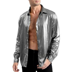 Funny World Men's Disco Shirt Metallic Sequin Long Sleeve Button Down 70s Party Nightclub Christmas Prom Costume (Large)