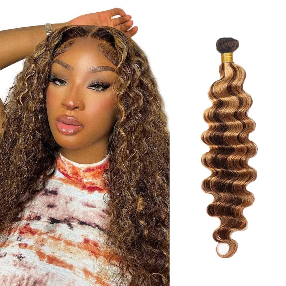 P427 Highlight Brown Bundles Human Hair Blonde Deep Wave 1 Bundle 20 Inch Brazilian Virgin Remy Brown Deep Wave Bundles Human Hair Extensions 50 Gram Per Bundle