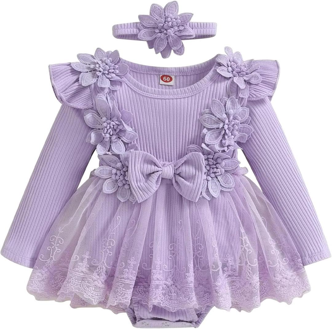 Baby Girl Tulle Birthday Party Princess Dress Long Sleeve Lace Flower Tutu Romper Dress Newborn Fall Clothes (12-18 Months, Purple)