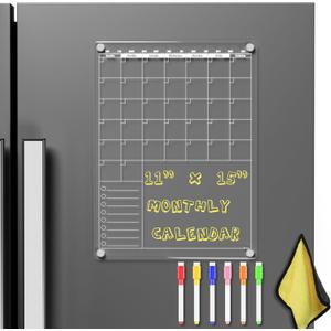Acrylic Magnetic Dry Erase Calendar for Fridge Clear 37 * 27cm Vertical Monthly Whiteboard Planner Erasable Planning Board White 15" x 11" in / 6 Color Wet Erase Marker