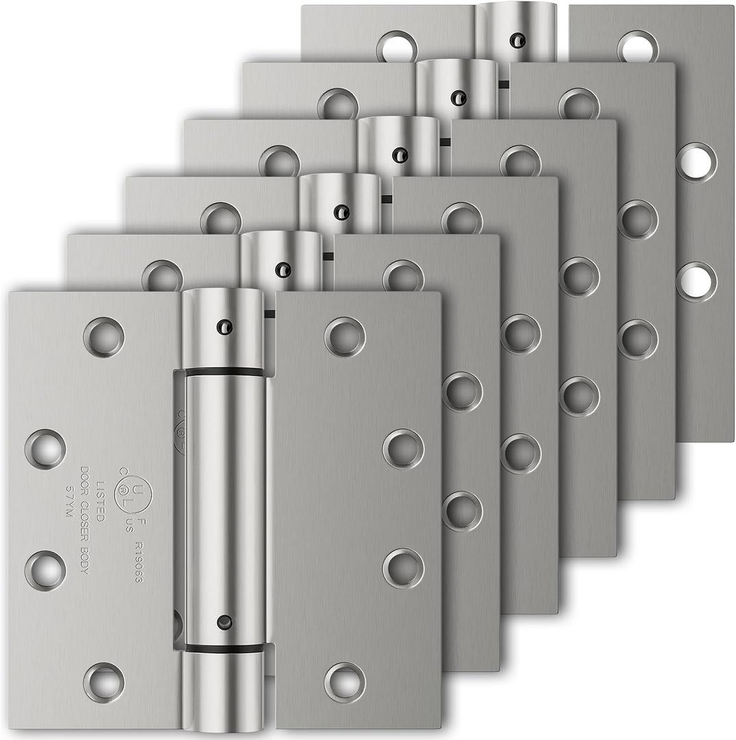 6 Pack Self Closing Door Hinges, 4.5" x 4.5" Spring Loaded Hinges with Square Corners, Adjustable Tension for Garage, Front Door, Back Door, for Left and Right Hand Door, UL Listed
