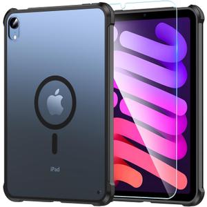 OWKEY Magnetic Case for iPad mini 7 A17 Pro 2024/ iPad mini 6 2021 8.3'', iPad mini 7th/6th Gen Case for Magsafe with Tempered Glass,[Shockproof Military] Translucent Back Slim Bumper Cover, Black