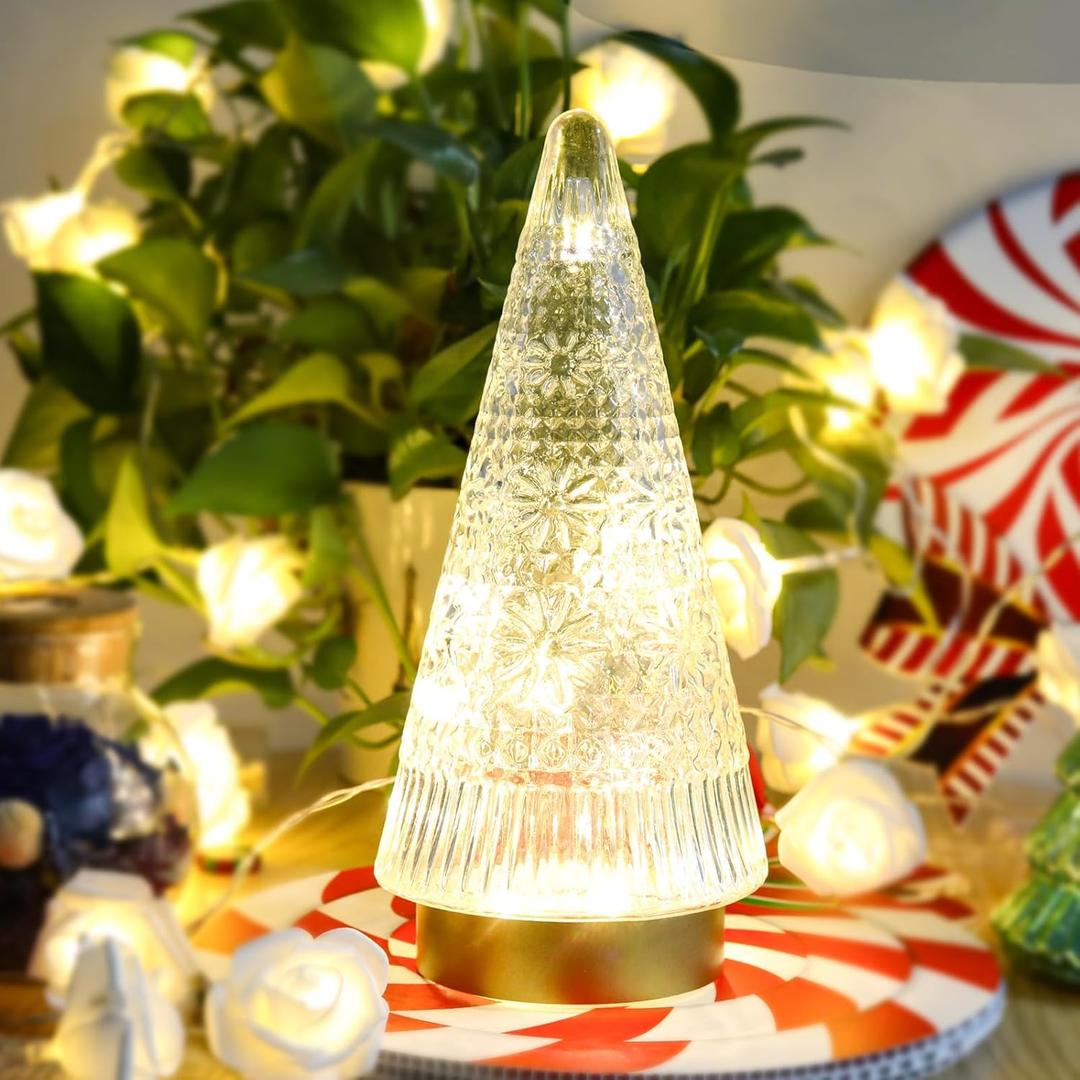 Glass Christmas Tree Gold Small Sparking Xmas Trees with LED Ligthts Decorations Table Top Centerpiece Mantel Window Home Decor