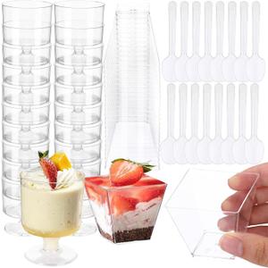 100 Pack Dessert Cups with Spoons 2oz Mini Clear Plastic Dessert Parfait Cup Square Appetizer Pudding Cups Round Goblet Shooters for Pudding Fruit Yogurt Ice Cream Mousse (Clear)