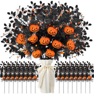 Giegxin 12 Pack 19.7 Inch Artificial Halloween Flower Decorations Halloween Pumpkin Berries Picks Pumpkin Stems with Black Maple Leaf Branches Vase Bouquet Flower Centerpieces for Table Home Decor