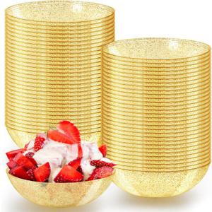 Gerrii 100 Pack Gold Glitter Plastic Bowls 14oz Disposable Salad Serving Bowls Heavy Duty Clear Dessert Soup Containers for Party, Wedding, Birthday, Dinner and Christmas
