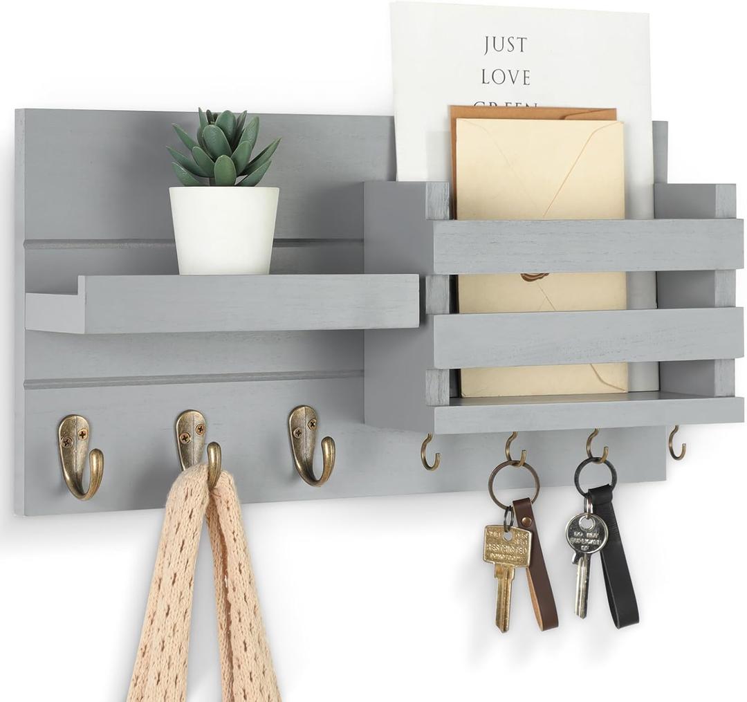 Mail Organizer for Wall Mount  Key Holder with Shelf Includes Letter Holder and Hooks for Coats, Dog Leashes  Rustic Wood with Flush Mounting Hardware (16.5 x 8.7 x 3.5) (Gray)