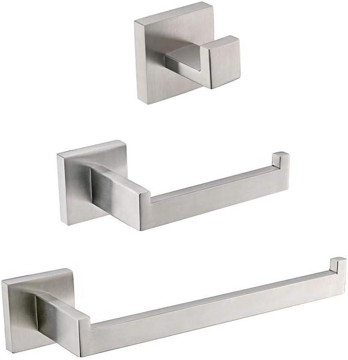 Turs 3-Piece Bathroom Accessory Set SUS 304 Stainless Steel RUSTPROOF Toilet Paper Holder Towel Bar/Holder Robe Hook Wall Mount, Brushed Finish, Q7010BR