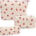 3 Pcs Makeup Bag Cosmetic Bag Set for Girls Women Travel Organizer Bathroom Toiletry Pouch Large Capacity Storage Bag (Strawberry Pink)