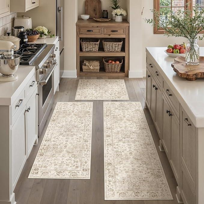 Hallway Washable Runner Rug - 2'6x12 Kitchen Rugs Entryway Rug Runner Vintage Soft Floor Mat Non Slip Indoor Farmhouse Carpet for Bathroom Living Room Bedroom (2'6''x12', Beige) 3Pcs, size 1 - 24"/35" ,2- 24"/60" , 3-24"/49", 4- 24"/70"
