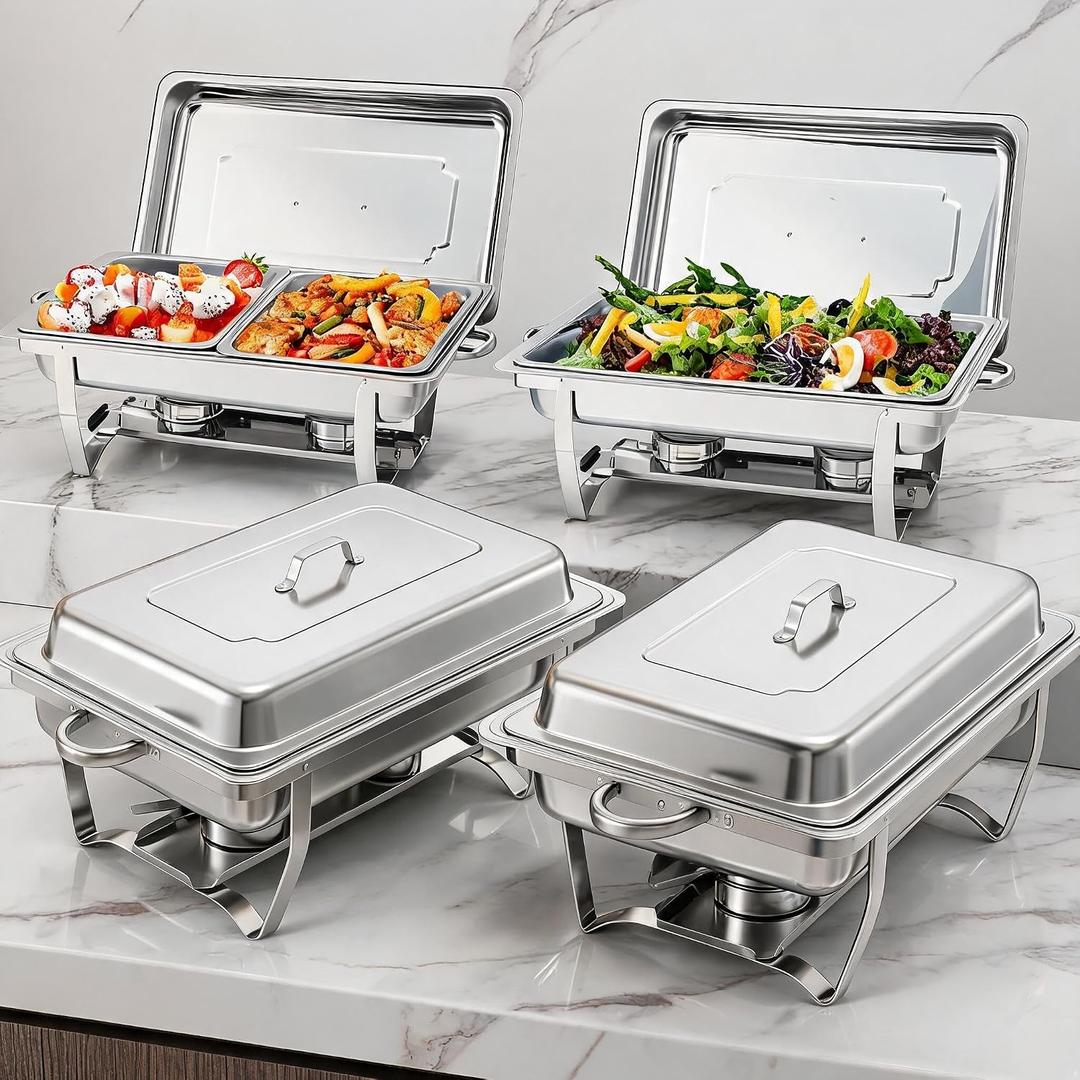 GarveeHome Chafing Dishes for Buffet 4 Pack, 8 Qt Stainless Steel Chafers and Food Warmers Sets with 6 Food Pans, Rectangle Chafing Dish Buffet Set for Catering Wedding Party, Silver