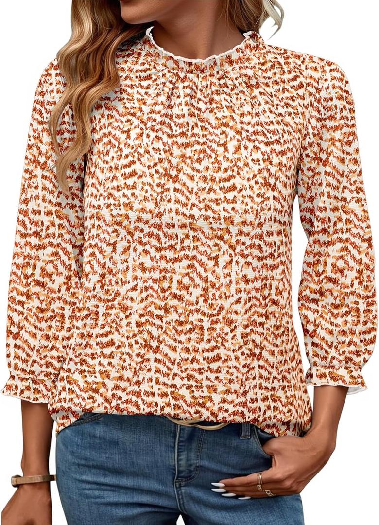 SimpleFun Womens Blouses 3/4 Sleeve Ruffle Neck Printed Business Casual Tops Flowy Dressy Work Shirts (XL)