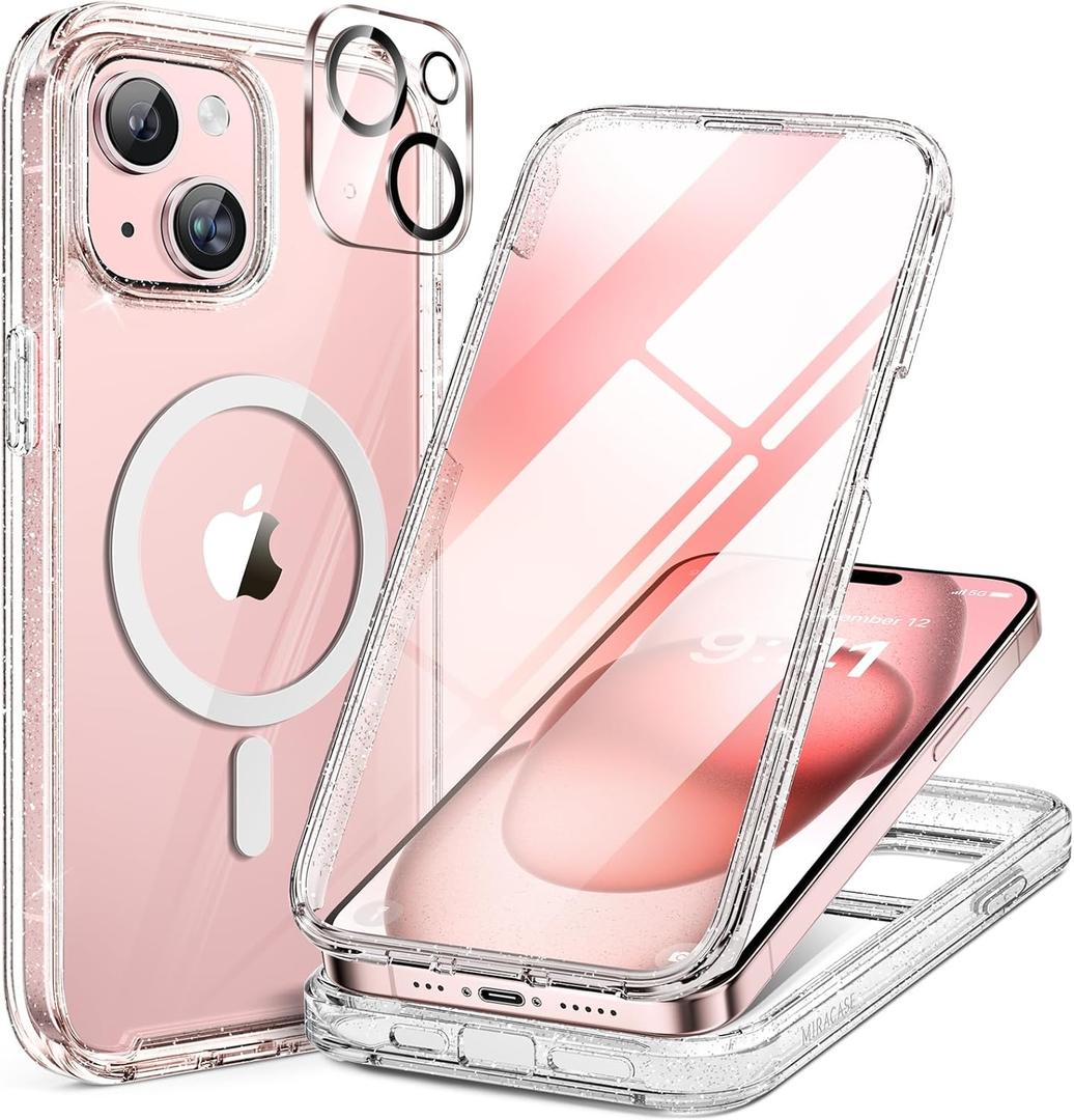Miracase Glass Series Case for iPhone 15 [Compatible with MagSafe] Full Body Magnetic Case with Built-in 9H Tempered Glass Anti-Fingerprint Screen Protector + Camera Lens Protector, Clear Glitter