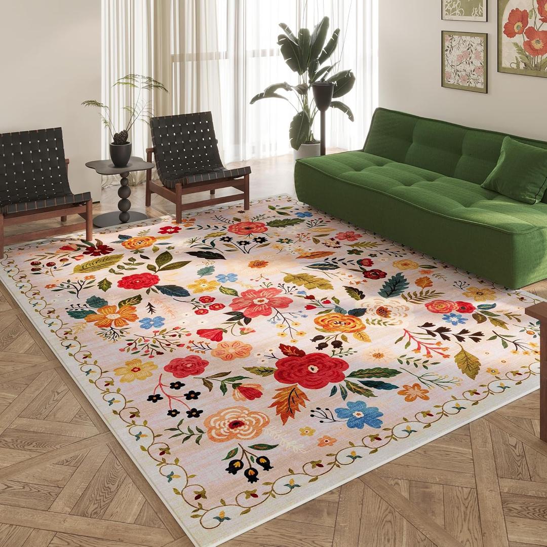 Area Rugs 8x10 Rug for Living Room Clearance Washable Boho Area Rug Non Slip Floral Vintage Low Pile Large Rug for Living Room, Bedroom, Farmhouse, Dining Room, Kids Playroom(Beige)