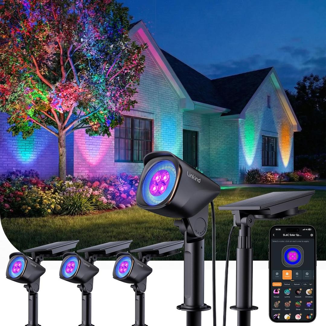 Linkind Smart SL6C Outdoor Lights Solar Powered, Dual-Ring Solar & USB Charging Solar Spotlights Outdoor Waterproof IP66, Color Changing Spot Light for Trees, Yard, Garden, Landscape, 4 Pack