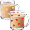 2 Pcs Valentines Cup Heart Glass Mugs with Handle 12 oz Valentines Gift for Him/her Galentine's Day Gifts for Women Bestie Heart Iced Coffee Cups Cute Drink Conversation