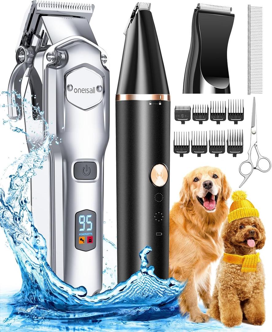 oneisall Dog Grooming Kit for Heavy Thick Hair, with Stainless Steel Blade and Paw Trimmer, Low Noise Rechargeable Cordless Waterproof Dog Clippers for Grooming Animals&Pets