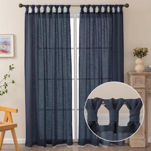 Navy Blue Linen Curtain 2 Panels, Semi Sheer Inverted Pleat Curtain Panels with Twist Tabs for Bedroom, Living Room and Dining Room, W52 x L63 inches