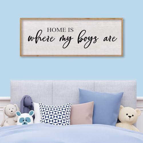 LuZhiQiang Home Is Where My Boys Are Wall Decor 40"×15" mom and her boys Sign for boys room Playroom Large Wood Framed Wall Hanging Art (Wood)