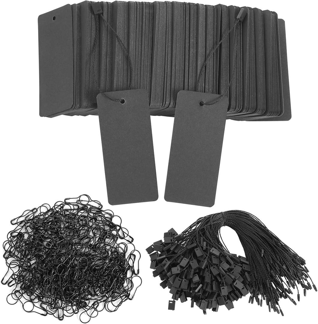 300 Set Black Price Tags with String Clothing Tags with Safety Pins Black Paper Hang Tags for Gift Clothes Crafts Display