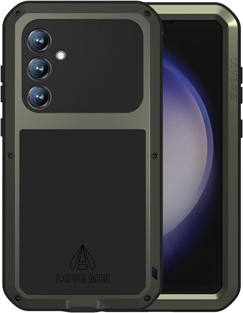 LOVE MEI Military Rugged Case for Samsung Galaxy S23 Fe, with Tempered Glass Screen Protector, Shockproof Dustproof Scratch Proof Hybrid Metal and Silicone Gel Heavy Duty Full Body Cover Green