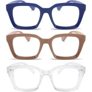 DXYXYO 3 Pack Retro Oversized Reading Glasses for Women Men Fashion Square Blue Light Blocking Computer Reader (1.5 X, Blue+clear+coffee)