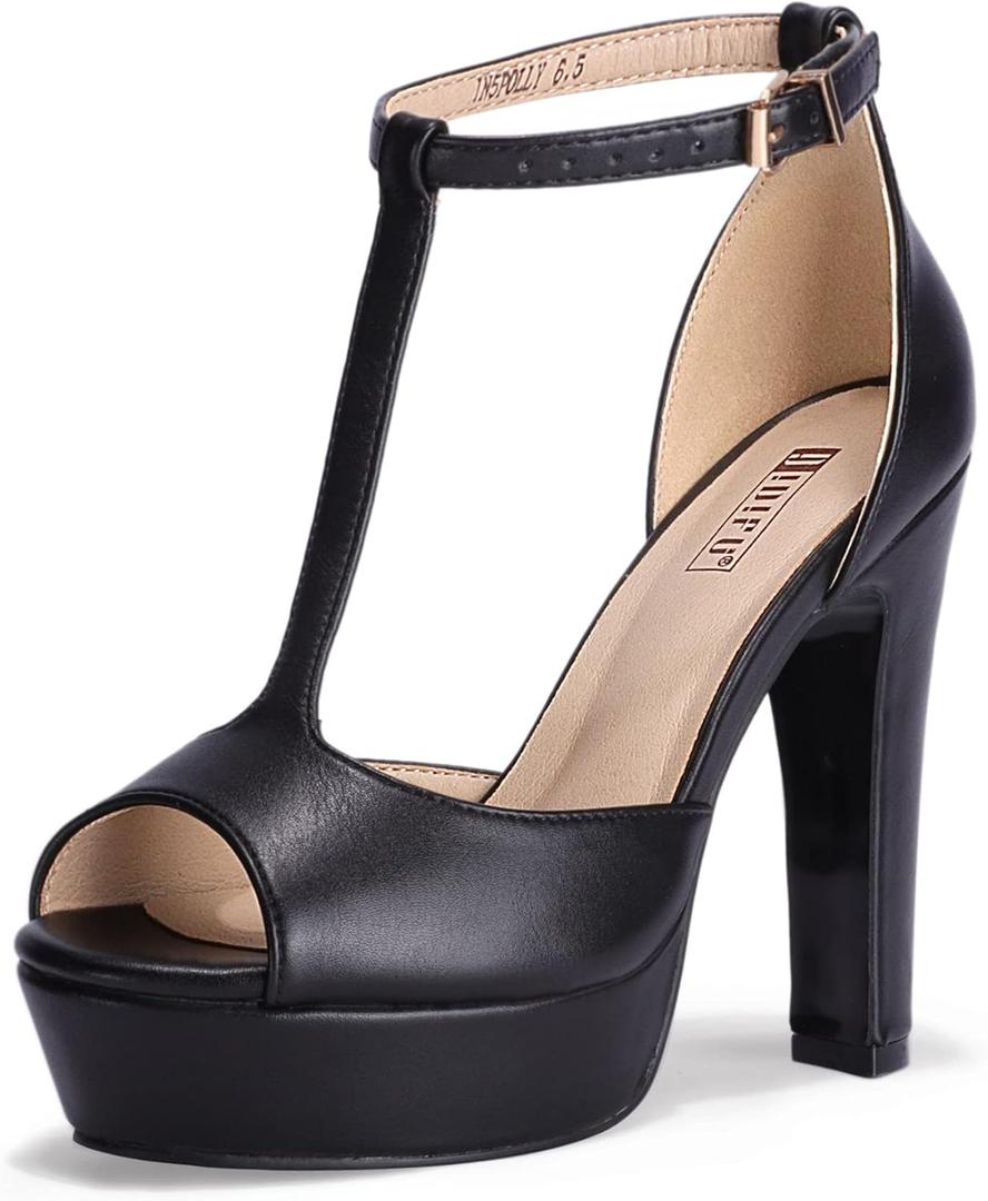 IDIFU Women's IN5 Polly Platform Chunky High Heels T-Strap Sexy Sandals Peep Toe Wedding Party Prom Dress Shoes for Women Bride (7, Black Pu)