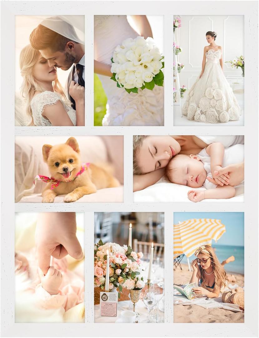 4x6 Oak Wood Picture Frames Collage Wall Decor White, Solid Oak Wooden Family Photo Collage Frame 8 Openings, Glass Front, Wall Hanging Display 8 4x6 Pictures (11.5x15.5-8 openings)