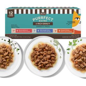 Merrick Purrfect Bistro in Rich Gravy Variety Pack High Protein Cat Food with Chicken and Beef, Tuna and Cod, and Salmon and Sweet Potato Recipes - 3 oz. Cans (Pack of 12) (EXP 01/31/28)
