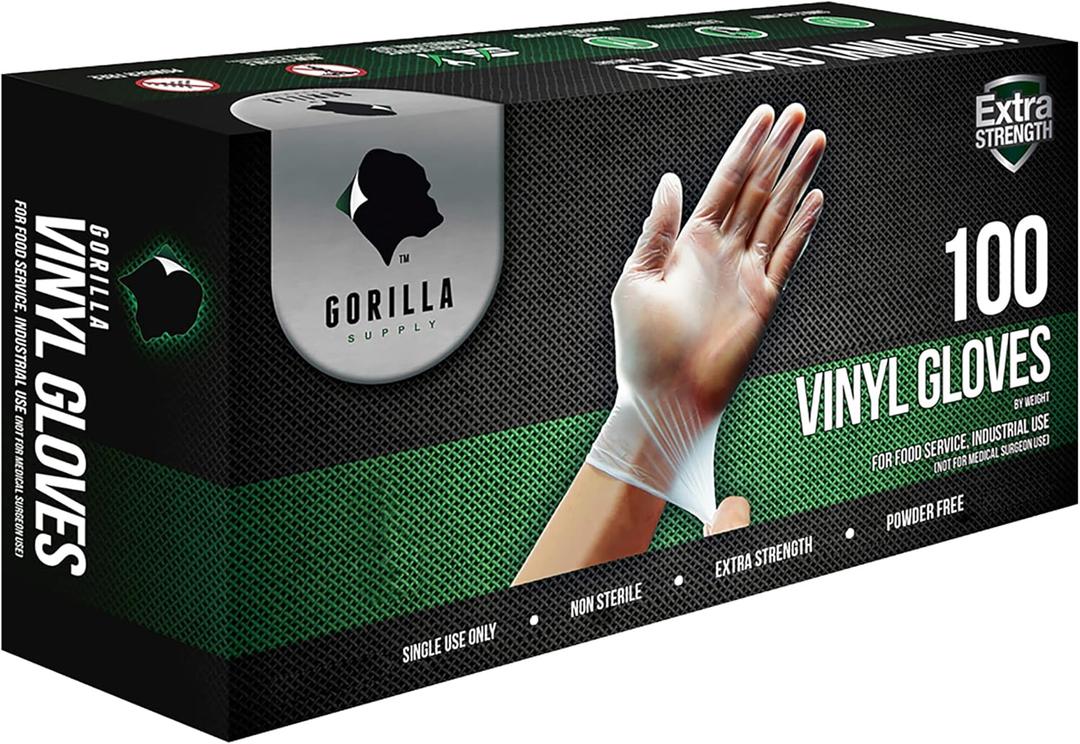 GORILLA SUPPLY Disposable Heavy Duty Vinyl Gloves Latex & Powder Free, BPA Free Food Safe, 100, 300, 1000, S, M, L, XL (M)