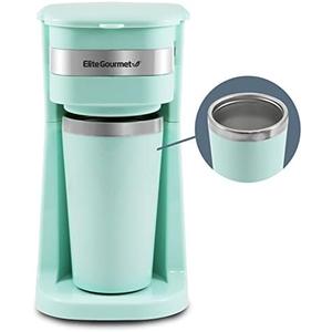 Elite Gourmet EHC117M Personal Single-Serve Compact Coffee Maker Brewer Includes 14Oz. Thermal Travel Mug with Stainless Steel Interior, Compatible with Coffee Grounds, Reusable Filter, Mint