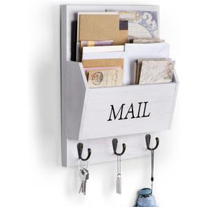 DLQuarts Mail Organizer with Key Holder for Wall Decorative Mail Sorter Wall Mounted, Wooden Mail Holder with 3 Hooks, White