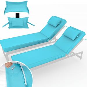 Chaise Lounge Cushions Outdoor Set of 2 Lounge Chair Cushion 72" L x 21" W with Headrest Straps 3'' Thick Waterproof Patio Chaise Cushions Pool Lounger Chair Cushion(Lake Blue), 72"L x 21"W x 3" T - 2Set