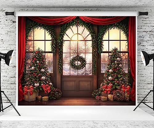Kate 8×8ft Christmas Tree Backdrop Photography Bokeh Window Snow Xmas Background Red Curtain Decoration Studio Props for Photo Video Photographer Studio Props