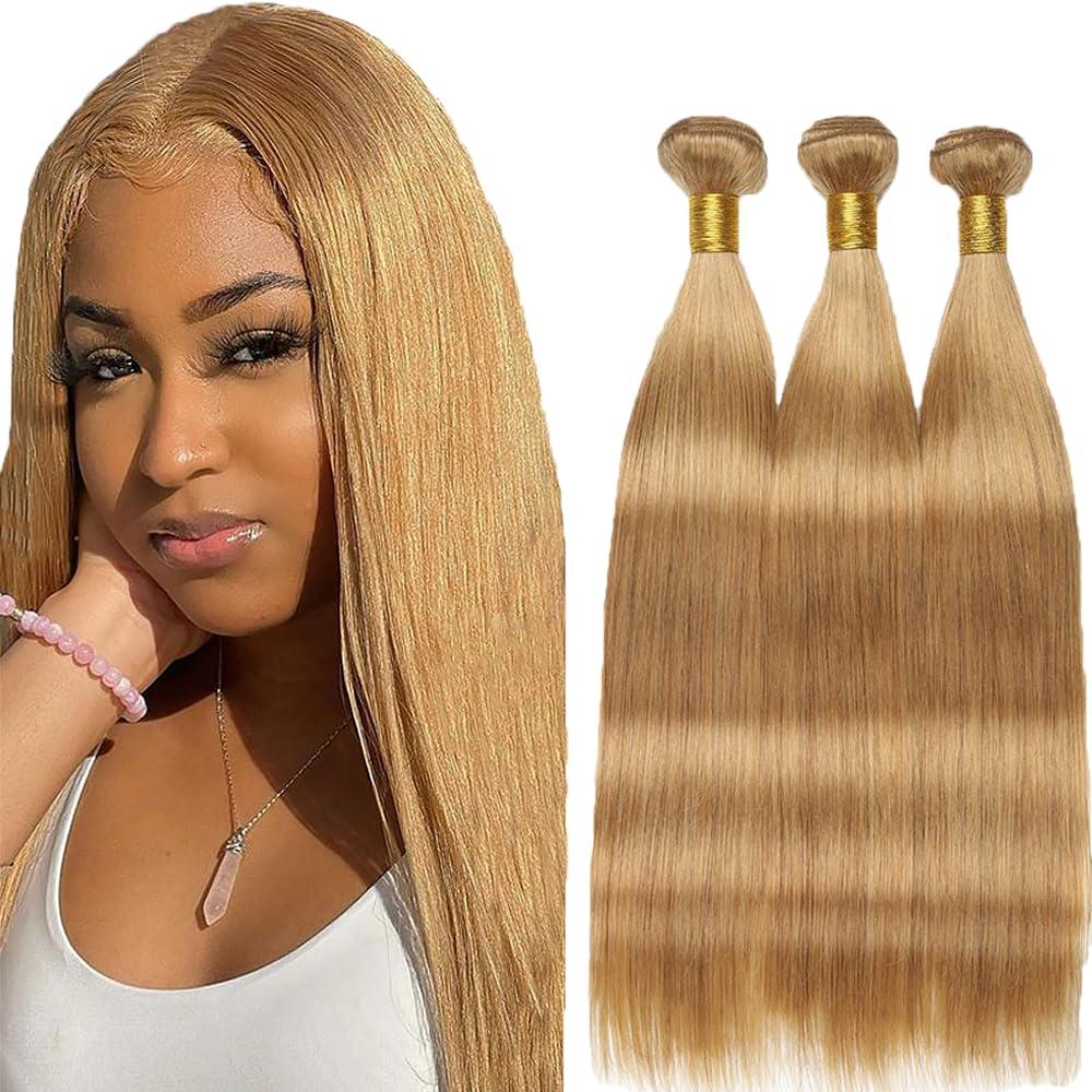 Color 27 Human Hair Bundles Honey Blonde Straight Bundles Brazilian Virgin Remy Hair Extensions Double Weft Honey Blonde Bundle Color 27 Straight Human Hair 22 24 26 inch