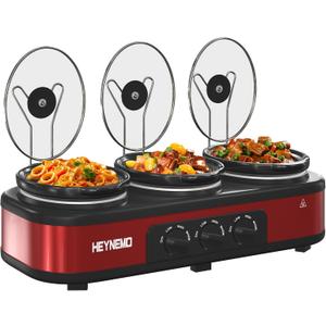 Triple Slow Cooker, 3 x 1.5 QT Portable Small Dual Crock Cooker, Buffet Servers and Warmers Dishwasher Safe, Removable Ceramic Pot Glass Lid, Stainless Steel, Red, 4.5 Quarts