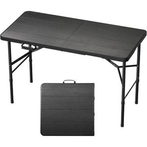 4Ft Folding Table Adjustable Height Portable Folding Tables Heavy Duty 400 lbs Capacity, Wood Grain Tabletop for Working Meeting Parties, Picnic, Camping, Weddings, Garden Dining-Black (4FT)