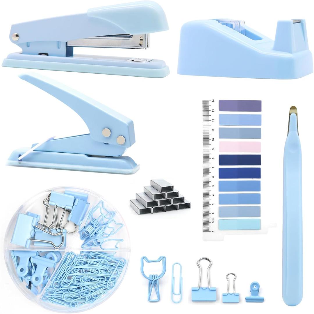 Blue Office Supplies,UPIHO Blue Desk Accessories,Stapler and Tape Dispenser Set for Women with Stapler,Tape Dispenser,Magnetic Staple Remover,Staples,Clips,Hole Punch and Tabs,School Supplies