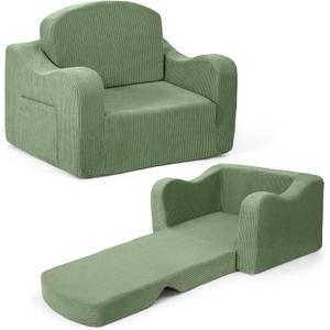 Comfy Kids Chair and Couch, 2-in-1 Convertible Kids Sofa, Soft Fold-Out Design, Removable Washable Cover, Green