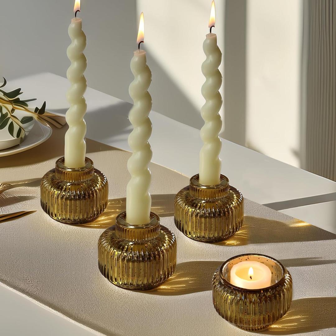 Kate Aspen Taper Candle Holders for Candlesticks, Ribbed Glass Gold Candle Holders Set of 4, Retro Candlestick Stand Decor, Votive Candle Holder Decor Accents for Holiday & Home Decoration Styling