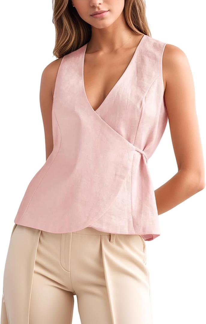 Womens Wrap Vest Tops Trendy Summer Going Out Business Casual Top Sleeveless V Neck Self Tie Waist Cami Shirts (X-Large, Pink)