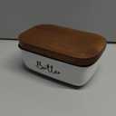 Butter Dish with Lid, ALELION Large Ceramic Butter Dish for Countertop, Butter Keeper with Thick Acacia Wood Lid, Kitchen Decor and Accessories for Kitchen Gifts, White