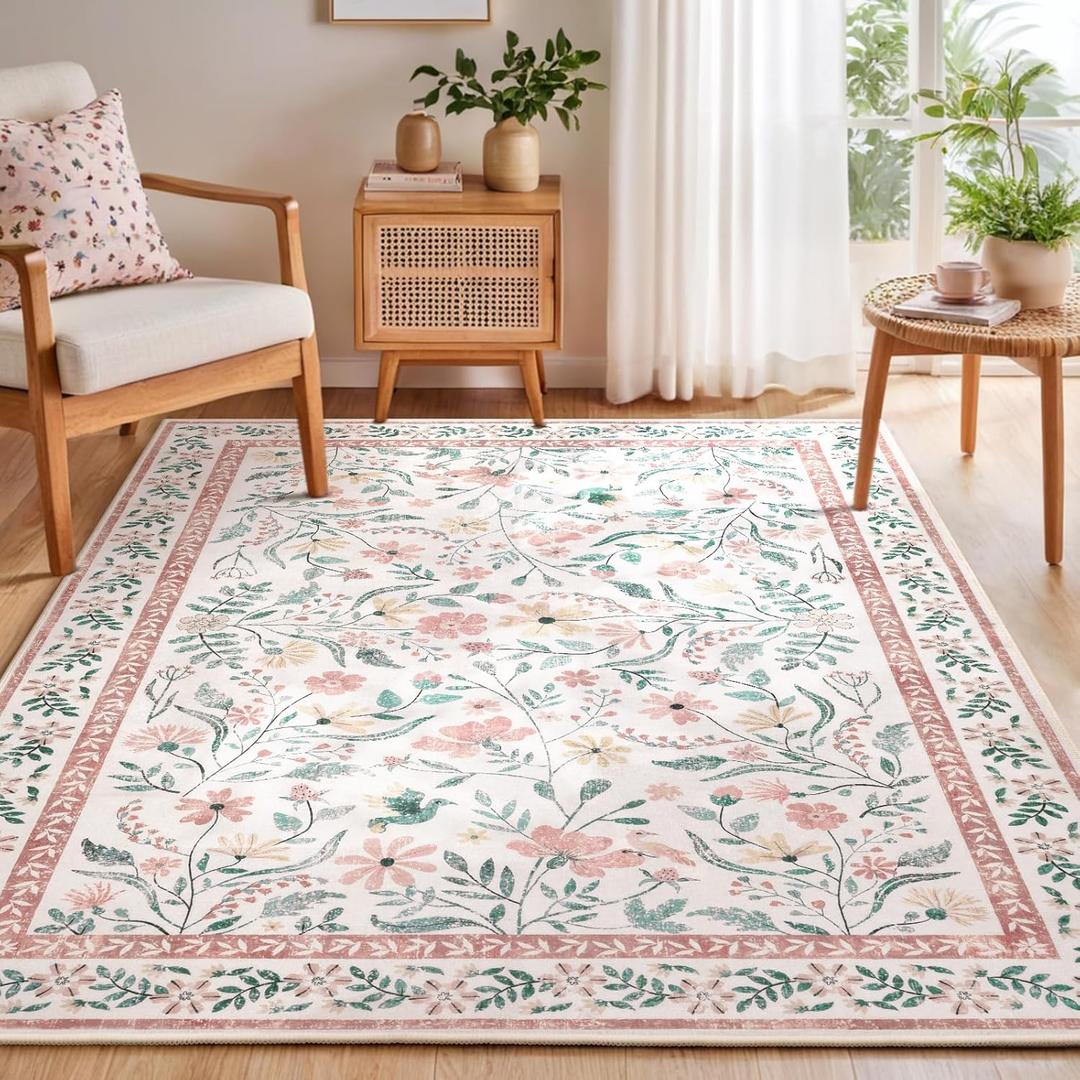 SHACOS 6x9 Floral Area Rugs for Living Room, Machine Washable Vintage Boho Rugs for Bedroom, Non Slip Soft Floral Low-Pile Nursery Carpet for Kids Room Dining Room Entryway Indoor, Pink