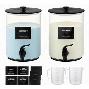 Glass Laundry Detergent Dispenser for Laundry Room Organization, 1 Gallon Large Liquid Soap Dispenser with Black Metal Lid & Leak-Proof Spigot, 2 Measured Cups, 2 Silicone Mats & 9 Labels (2, Black)