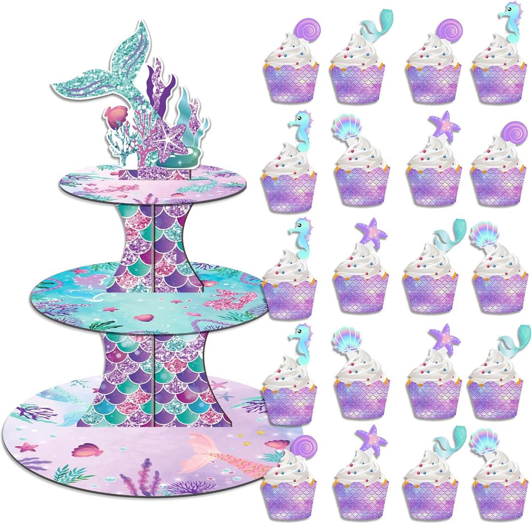 3 Tier Mermaid Cupcake Stand Party Decorations, Mermaid Themed Cupcake Holder Decorations with 20Pcs Mermaid Cupcake Wrappers and Toppers, Cupcake Display Holder Birthday Party Supplies