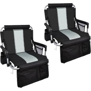 Stadium Seat with Back Support, Portable Fording Bleacher Chair with Cushion and Armrest, Cup Holder, Mesh Bag and Hidden Hook, Football, Soccer (Grey)