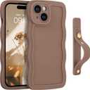 GUAGUA for iPhone 15 Case with Wrist Strap, iPhone 15 Wavy Phone Case,Cute Curly Wave Shape with Adjustable Wristband Kickstand Shockproof Protective Phone Case for iPhone 15 6.1 Inch, Brown